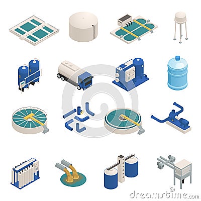Wastewater Purification Isometric icons Set Vector Illustration