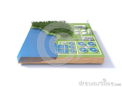 Wastewater treatment plant concept on white background. Cartoon Illustration