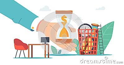 Wasting Time and Money, Procrastination Postponing Work Concept. Huge Businessman Hand Holding Hourglass with Sand Vector Illustration