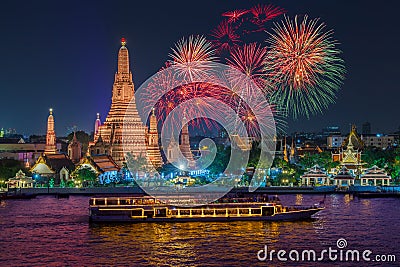 Wat arun and cruise ship in night time under new year celebration, Bangkok city ,Thailand Stock Photo