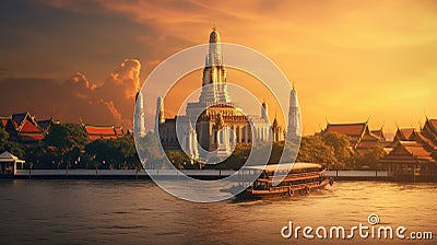 Wat arun in sunset at Bangkok,Thailand. Landmark, Chao Phraya River. Generate Ai Stock Photo