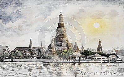 Wat Arun Temple at sunset in bangkok Thailand. Cartoon Illustration
