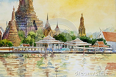 Wat Arun Temple at sunset in bangkok Thailand. Cartoon Illustration