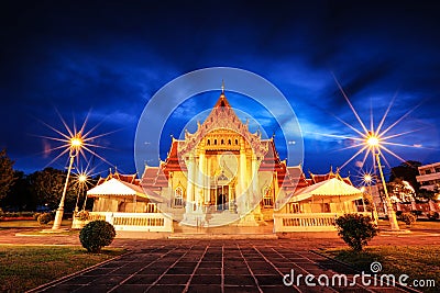 Wat Benchamabophit in Bangkok, Thailand at night time Marble Temple Stock Photo