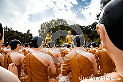 Wat Chak Yai temple, golden buddha and hundreds of monks, in Chanthaburi, Thailand Editorial Stock Photo