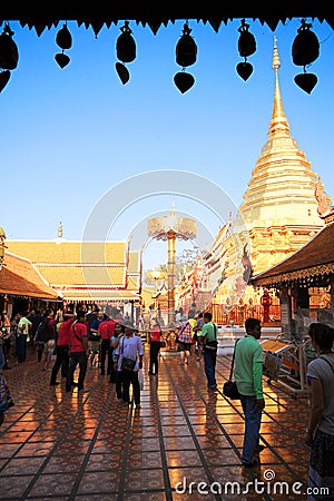 Wat Phra That Doi Suthep in Chiang Mai, Thailand, with thousands of people came to pay homage. Editorial Stock Photo