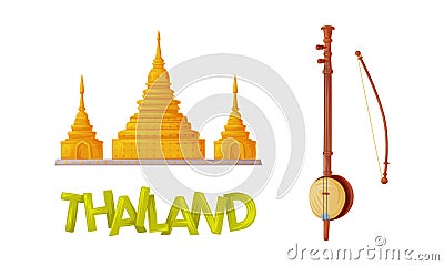 Wat Phra Kaew and Bow Musical Instrument as Thailand Symbol and Famous Landmark Vector Set Vector Illustration