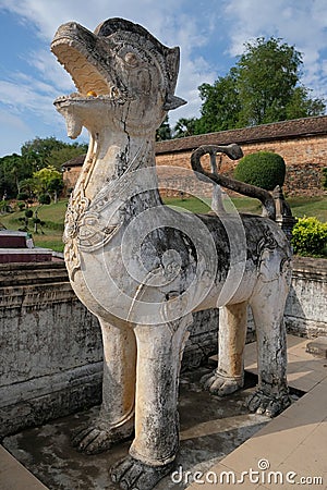 Unique lion statue Lanna architecture at Wat Phra That Lampang Luang in Lampang province Editorial Stock Photo