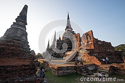 Ayutthaya, Thailand - January 1, 2018: Wat Phra Si Sanphet three pagoda - Many people taking photo . Archaeological site . Editorial Stock Photo