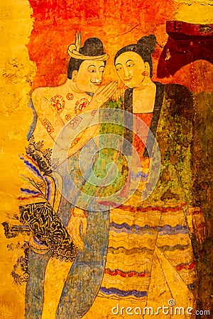 Wat Phumin NAN ,THAILAND - 2019 July 15 the tourist take photo The famous mural painting of a man whispering to the ear of a woman Stock Photo