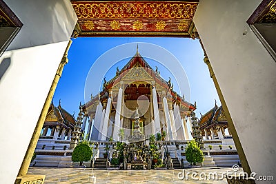 Wat Suthat Thepphawararam with clear blue sky background Stock Photo