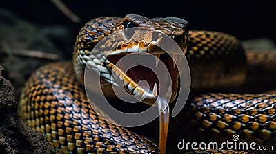 A snake strikes its prey fangs bared and venomous created with Generative AI Stock Photo