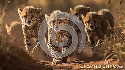 A family of playful cheetah cubs their spots still developing chase each other in a playful game of created with Generative AI Stock Photo