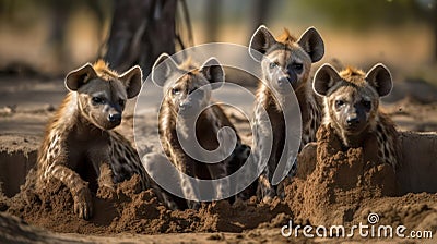 A family of hyenas playing in the dirt created with Generative AI Stock Photo