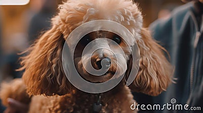 A poodle getting groomed by its owner created with Generative AI Stock Photo