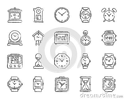 Watch charcoal draw line icons vector set Vector Illustration