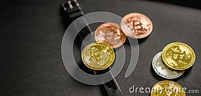 Watch with crypto coin as a face conceptual time and investment in digital currency Stock Photo