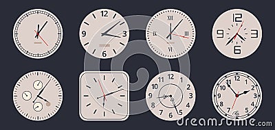 Watch faces. Cartoon analog clocks, electronic and mechanical vintage watch faces with numbers and clock hands flat vector Vector Illustration