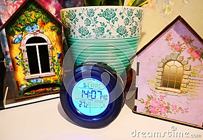 A watch with a large display. Compact sensor station for ambient temperature. Editorial Stock Photo