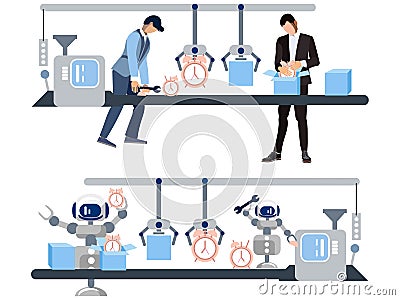 Watch production. The difference is the attitude of people and robots to work. In minimalist style Cartoon flat raster Stock Photo