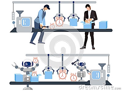 Watch production. The difference is the attitude of people and robots to work. In minimalist style Cartoon flat Vector Vector Illustration