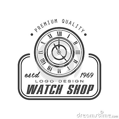 Watch shop logo design, premium quality estd 1969, black and white vintage clock repair service or store emblem vector Vector Illustration