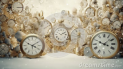 Watch showing different time. Many clocks filling background. Xmas greeting card design. Generative AI. Illustration for banner, Stock Photo