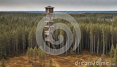 Watch tower made of wood in a forest with moorland in the foreground in Lahemaa National , Estonia Stock Photo