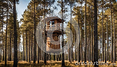Watch tower made of wood in a forest with moorland in foreground in Lahemaa National Park, Estonia Stock Photo