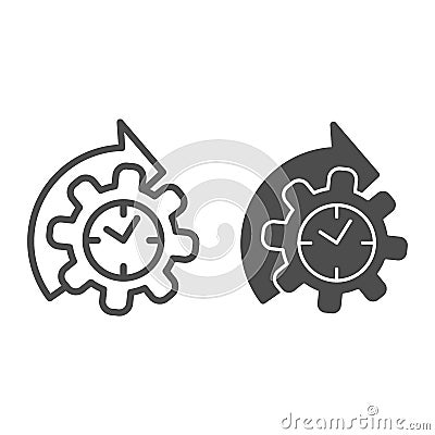 Watches and arrow with gear line and solid icon, time managment concept, cogwheel with clock reprocessing sign on white Vector Illustration