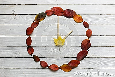 Watches leaves on a white wooden background Stock Photo