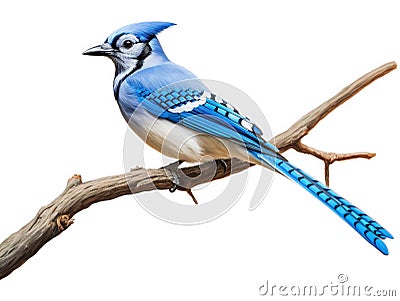 Watchful bluejay on a branch Cartoon Illustration