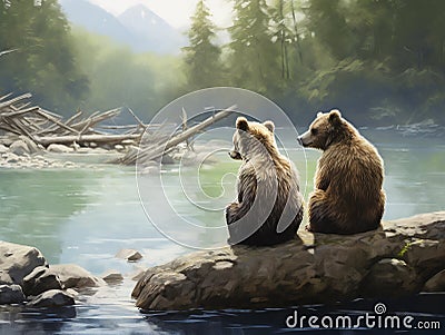 Watchful Grizzly bear siblings Cartoon Illustration