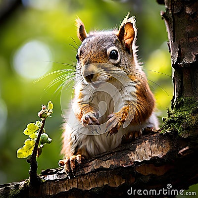 The Watchful Observer: A Squirrel Sitting on a Tree Branch Stock Photo