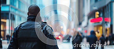 Watchful Security Agent Monitors Bustling Downtown For Potential Threats And Disturbances Stock Photo