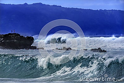Watching Large Waves Rocks Waimea Bay North Shore Oahu Hawaii Stock Photo