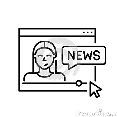 Watching news video channel online. Female reporter in browser. Pixel perfect, editable stroke icon Vector Illustration