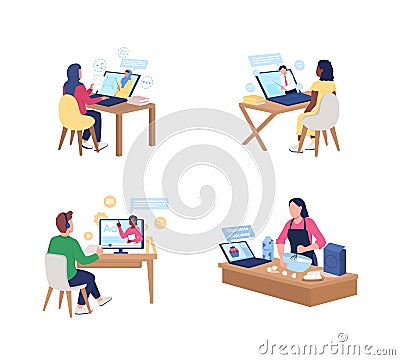Watching online tutorials flat color vector faceless character set Vector Illustration