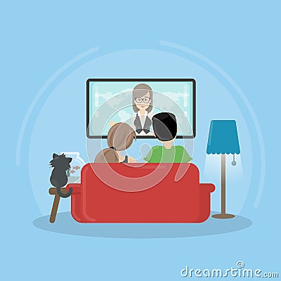 Watching TV at home. Vector Illustration