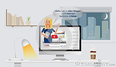 Watching video blog in the evening. Online training for business and finance. Flat Vector Illustration Vector Illustration