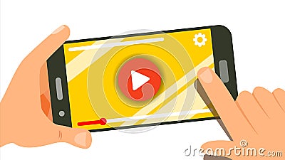 Watching Video On Smartphone Vector. Human Hands With Gadget. Menu Panel. Music, Movie. Finger Touch Screen. Isolated Vector Illustration