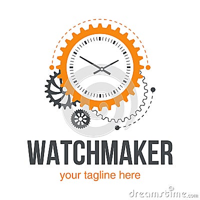 Watchmaker or clockmaker abstract logo. Watchmaking School sign. Watch restoration .icon. Clock repair service Vector Illustration