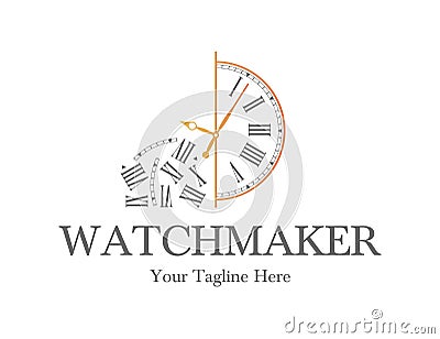 Watchmaker or clockmaker abstract logo. Watchmaking School sign. Watch restoration icon. Clock repair service. Vector Illustration