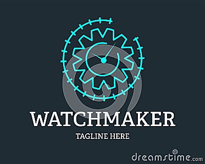 Watchmaker or clockmaker abstract logo. Watchmaking School sign. Watch restoration i.con. Clock repair service Vector Illustration
