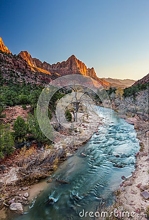 The watchman iconic scene sunset, Zion National Park, Utah Stock Photo