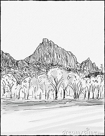 The Watchman Northwest Aspect in Zion National Park Washington County Utah WPA Poster Art Pen and Ink drawing Stock Photo