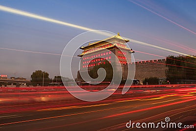 Watchtower of Desheng Gate in Beijing at Night Stock Photo