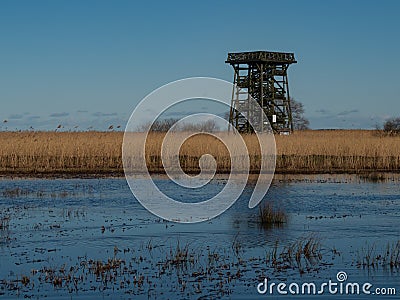 Watchtower at the meadow which are flooded by the water from close river Stock Photo