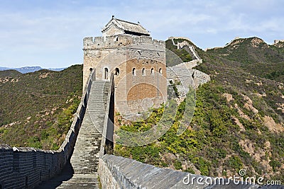 Watchtower at sunset at Jinshanling Great Wall, northeast from Beijing. Stock Photo