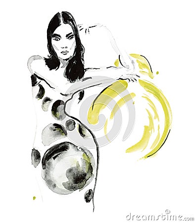 Watecolor hand drawn fashion portrait of abstract woman in spotted dress leaning against a ball Vector Illustration